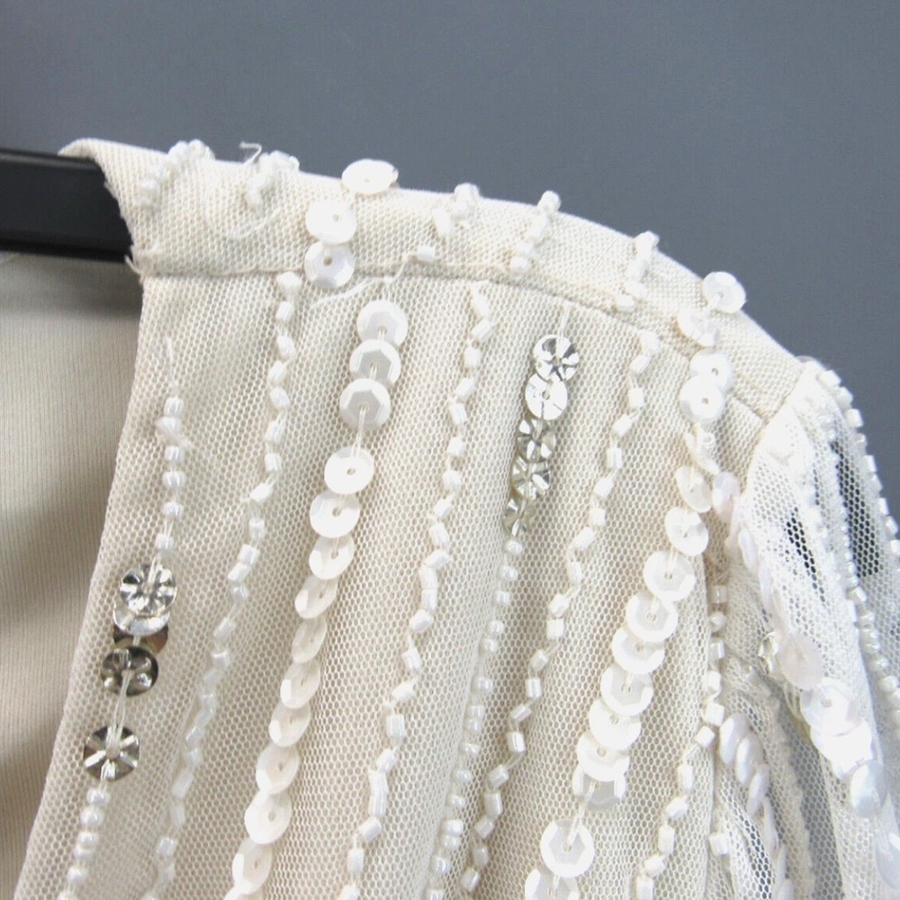NWT Adrianna Papell White Beaded Sequins Embellished Dress Sheer Sleeves V-Neck - Picture 14 of 16